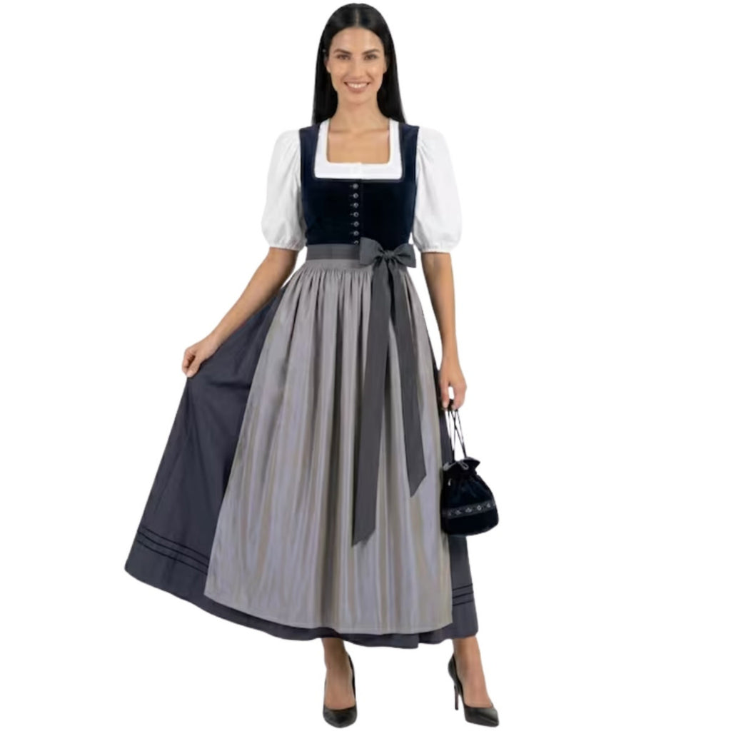 Navy Velvet Dirndl Dress with Grey Satin Apron