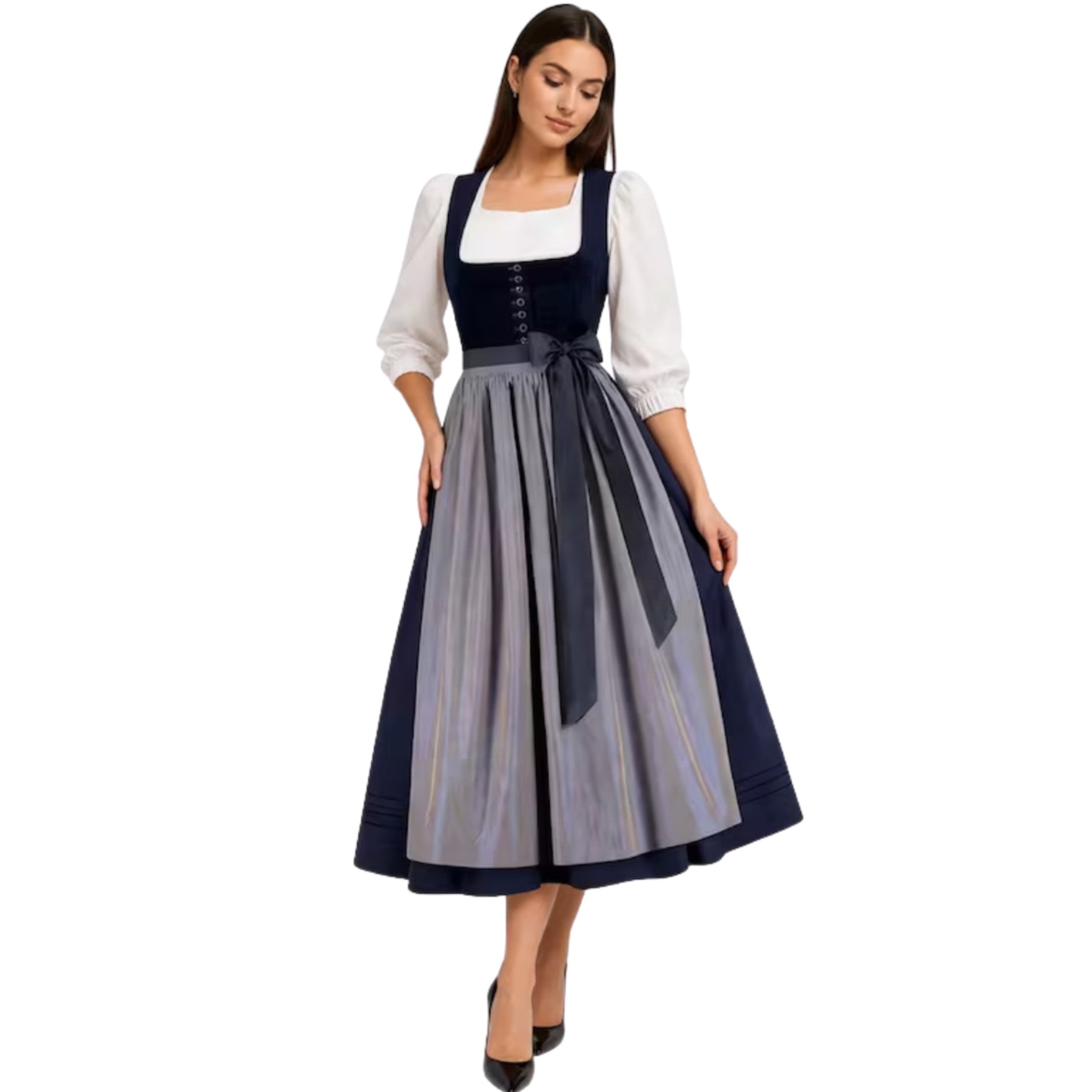 Navy Velvet Dirndl Dress with Grey Satin Apron