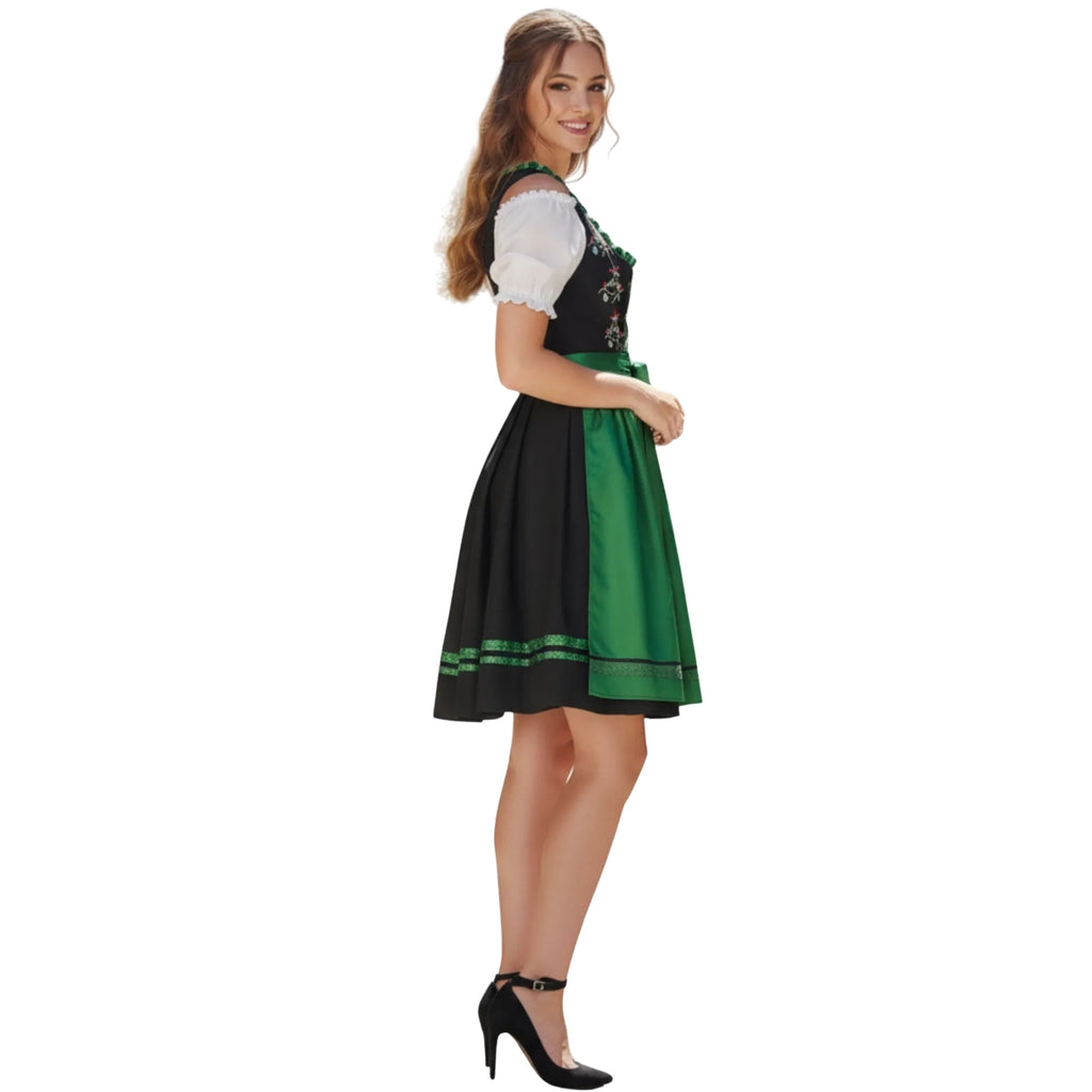 Black & Green Dirndl Dress with White Blouse Set