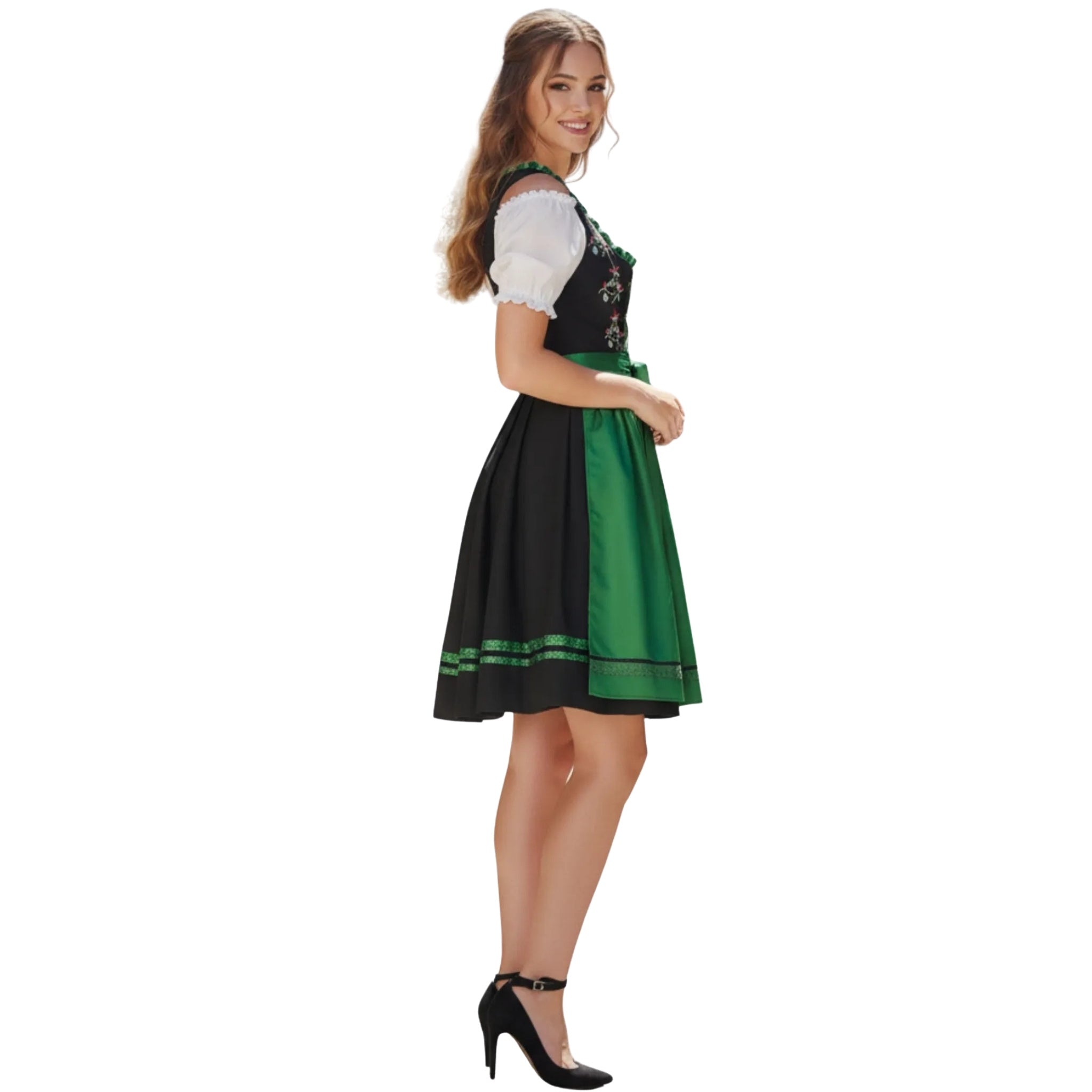 Black & Green Dirndl Dress with White Blouse Set