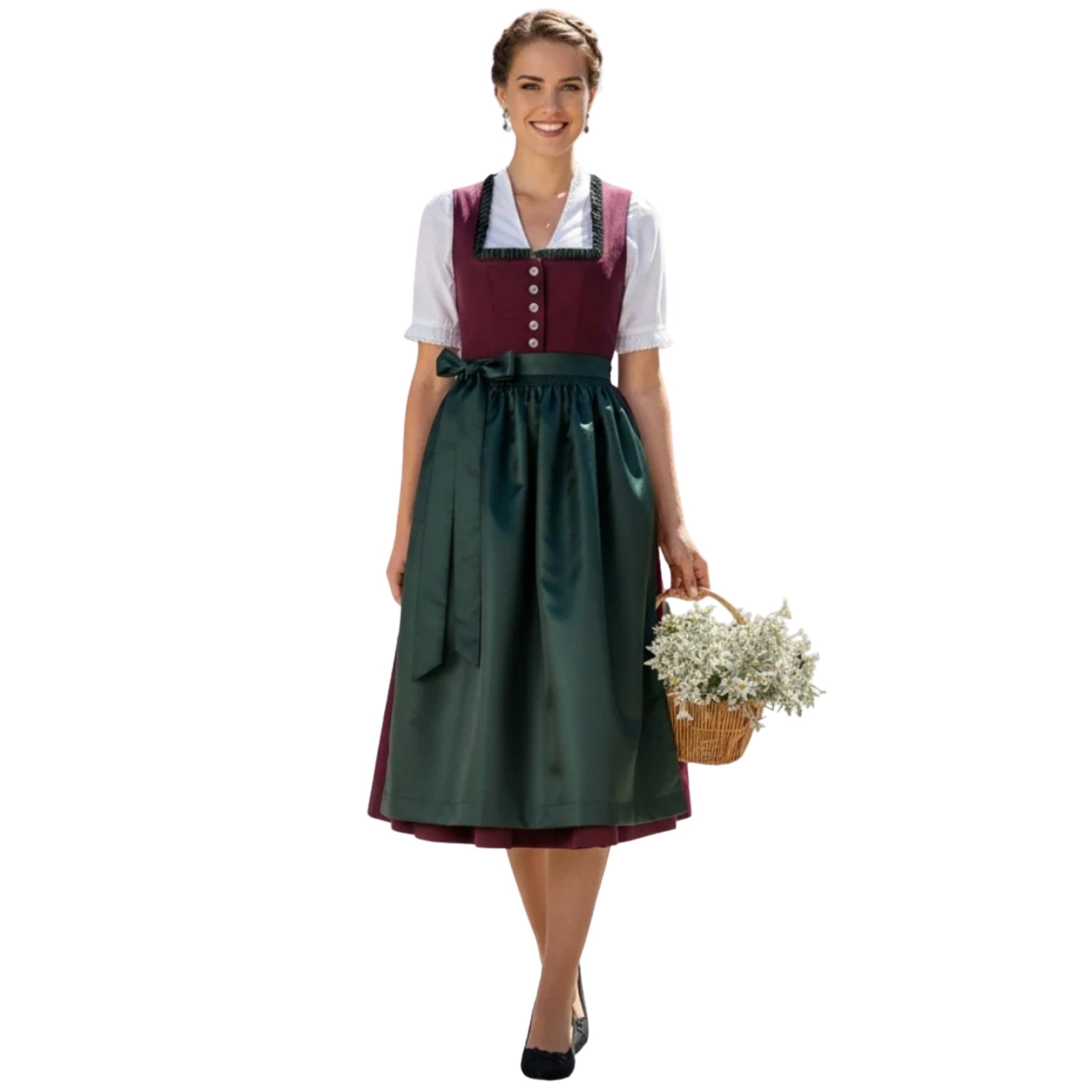Traditional Dirndl Dress – Burgundy & Green Set