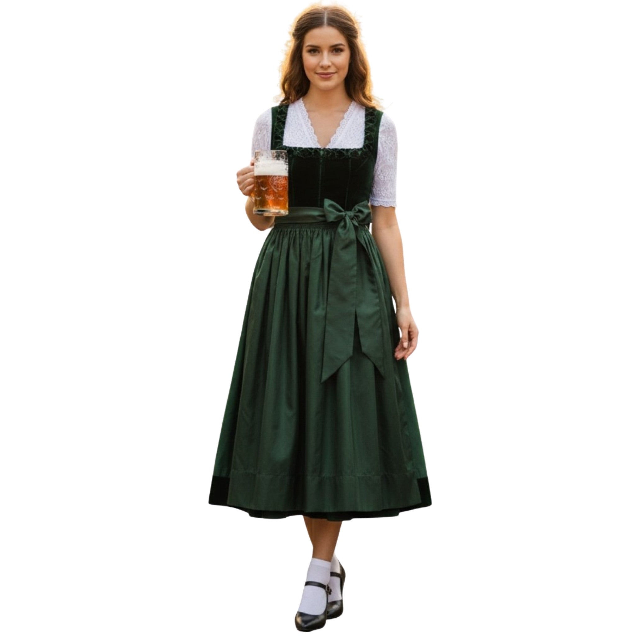 Forest Green Velvet Dirndl Dress with Lace