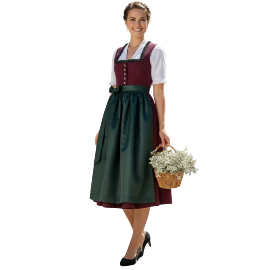 Traditional Dirndl Dress – Burgundy & Green Set