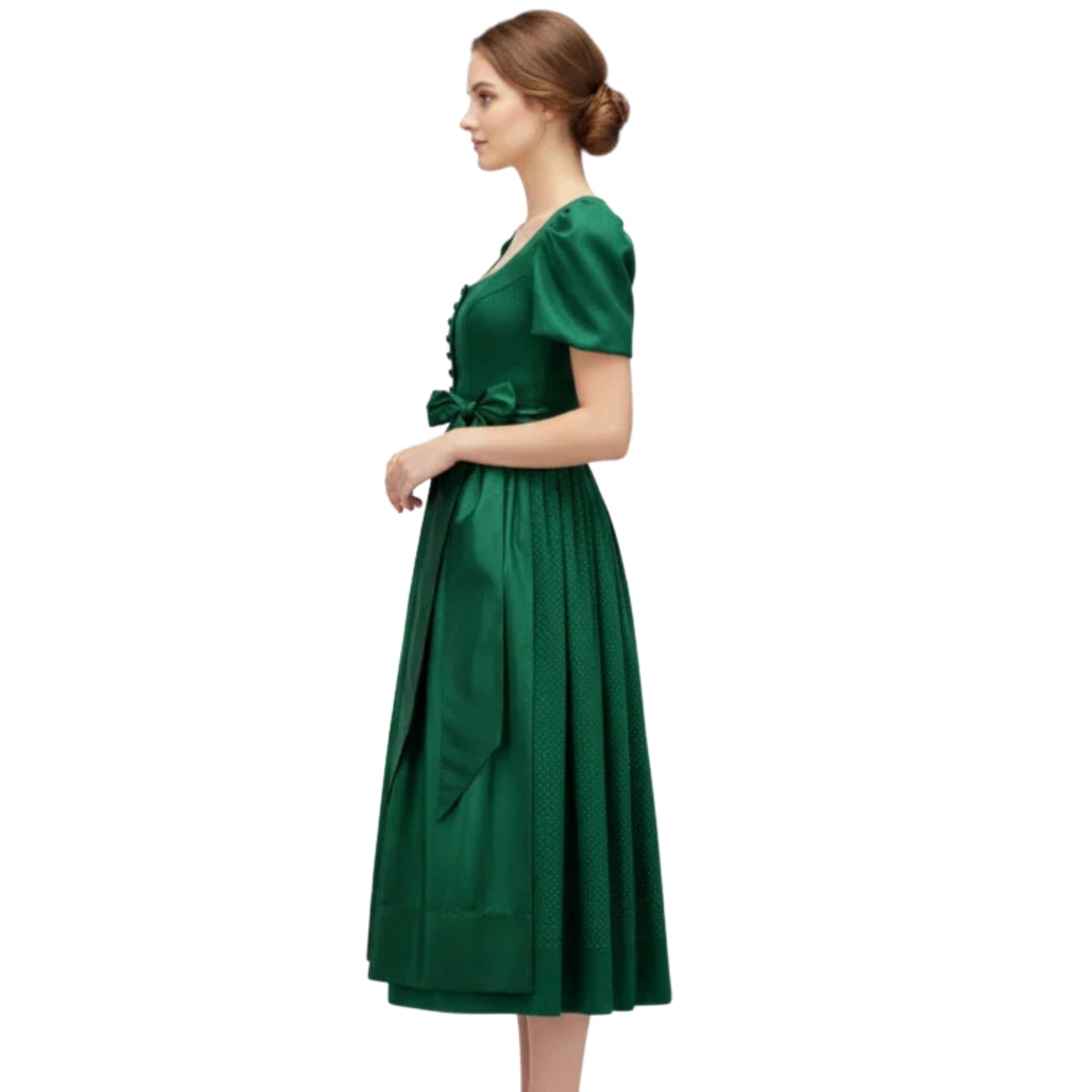 Emerald Green Satin Midi Dress with Puff Sleeves