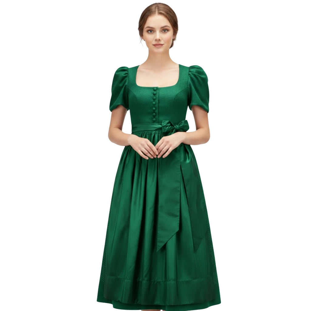 Emerald Green Satin Midi Dress with Puff Sleeves