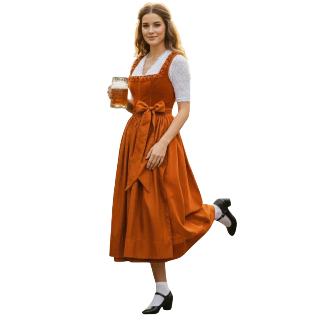 Rust Orange Dirndl Dress with Lace Blouse & Bow
