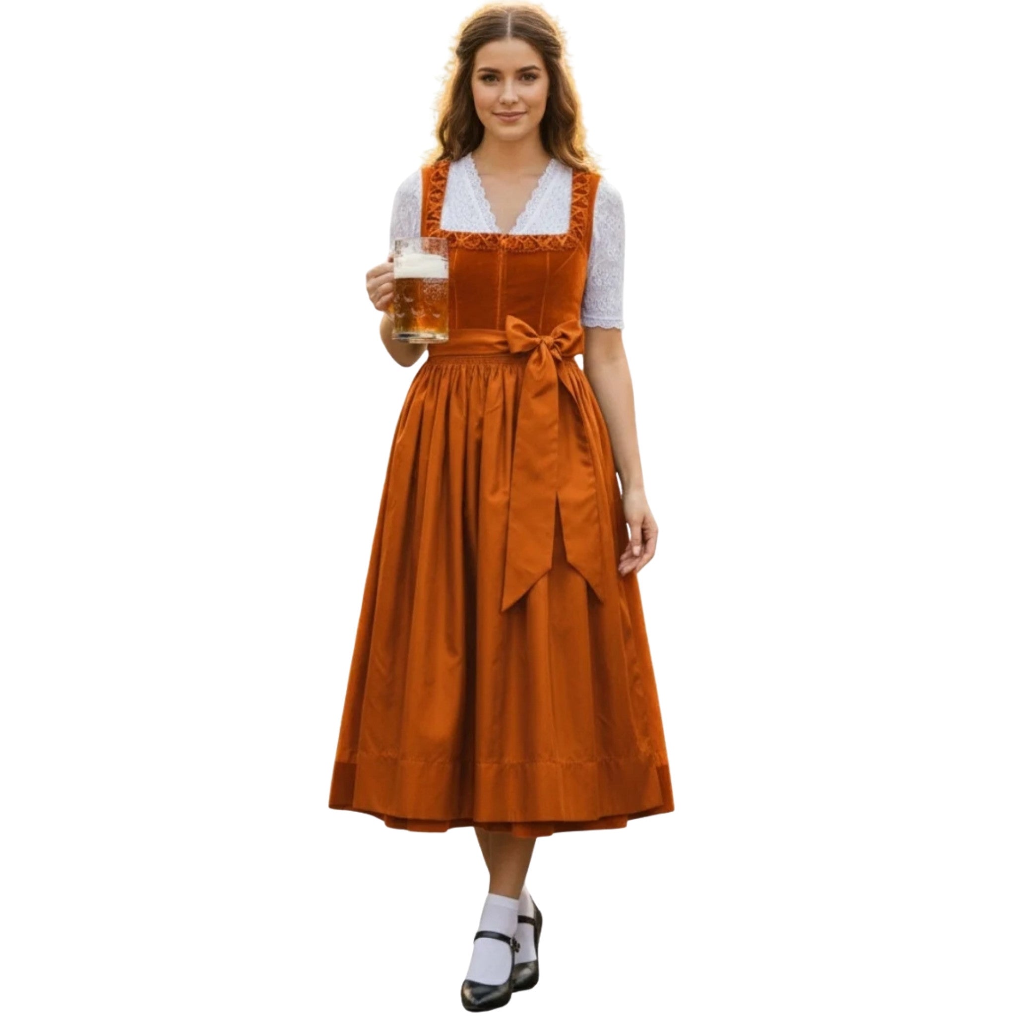 Rust Orange Dirndl Dress with Lace Blouse & Bow