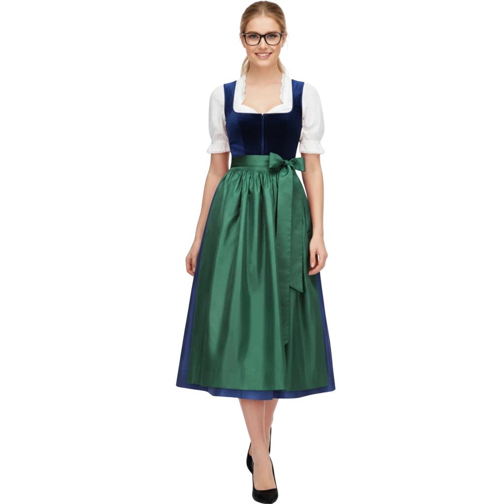 Navy Velvet Dirndl Dress with Green Apron Bow