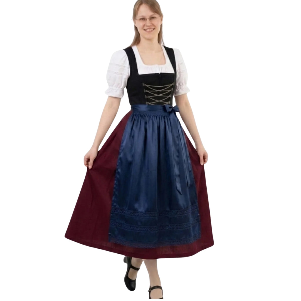 Burgundy Dirndl Dress with Navy Apron & Blouse