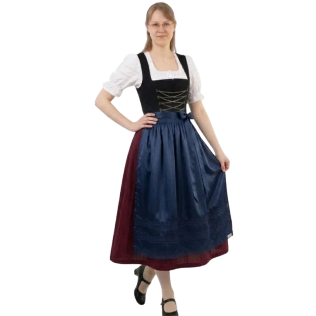 Burgundy Dirndl Dress with Navy Apron & Blouse
