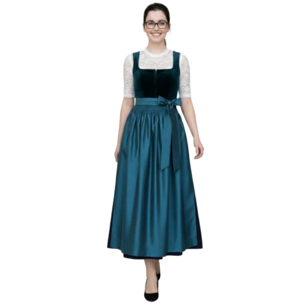 Teal Velvet Dirndl Dress with Lace Blouse and Bow Apron