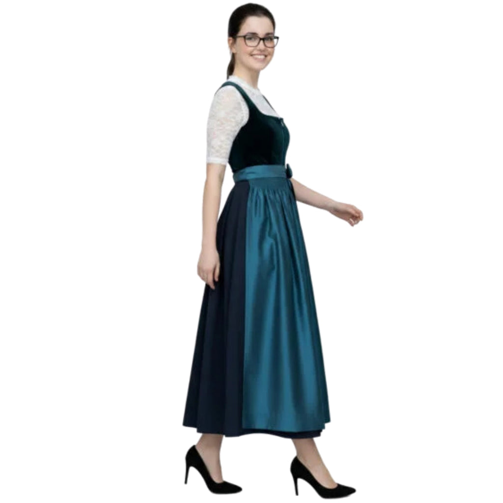 Teal Velvet Dirndl Dress with Lace Blouse and Bow Apron