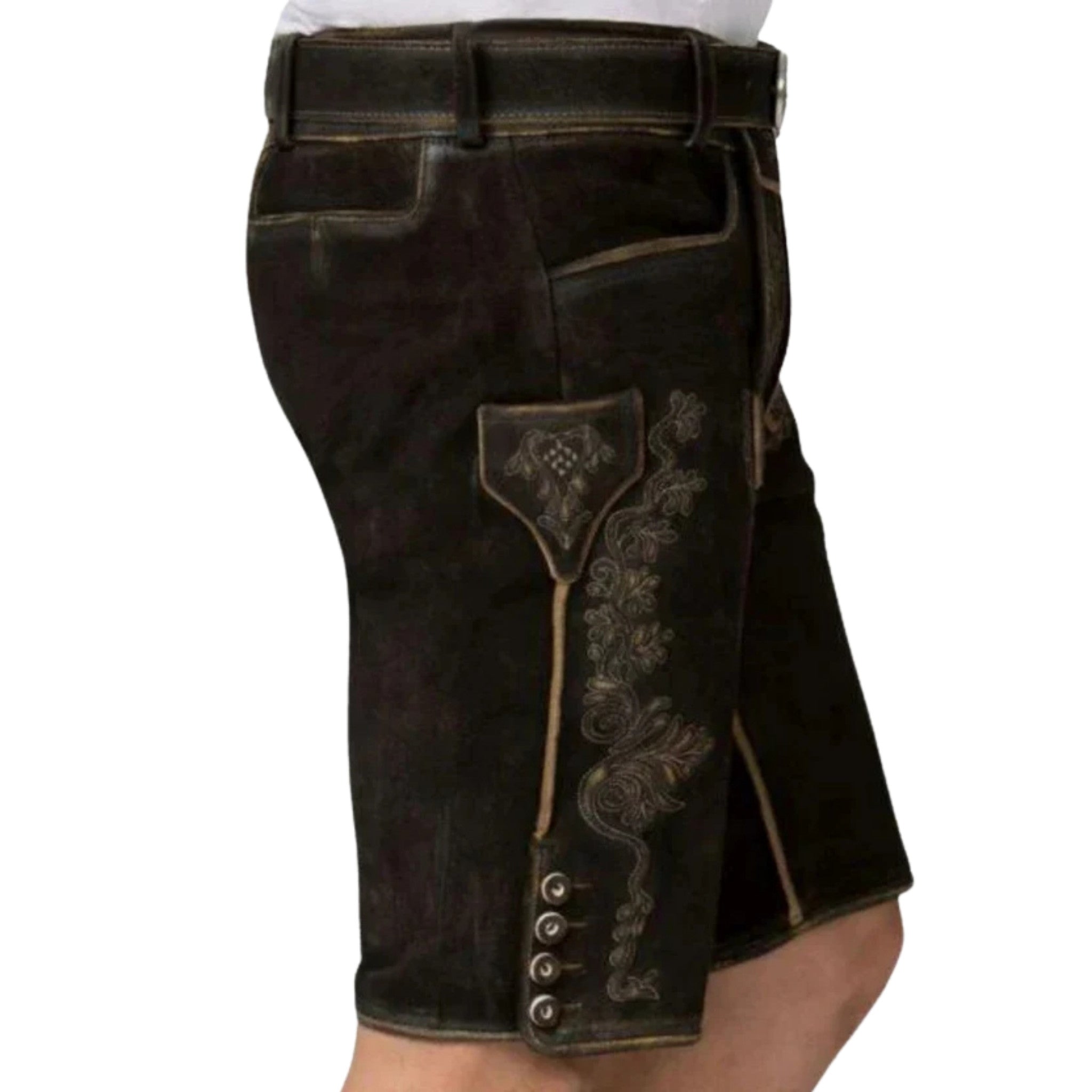 Men's Black Leather Lederhosen with Embroidery & Belt
