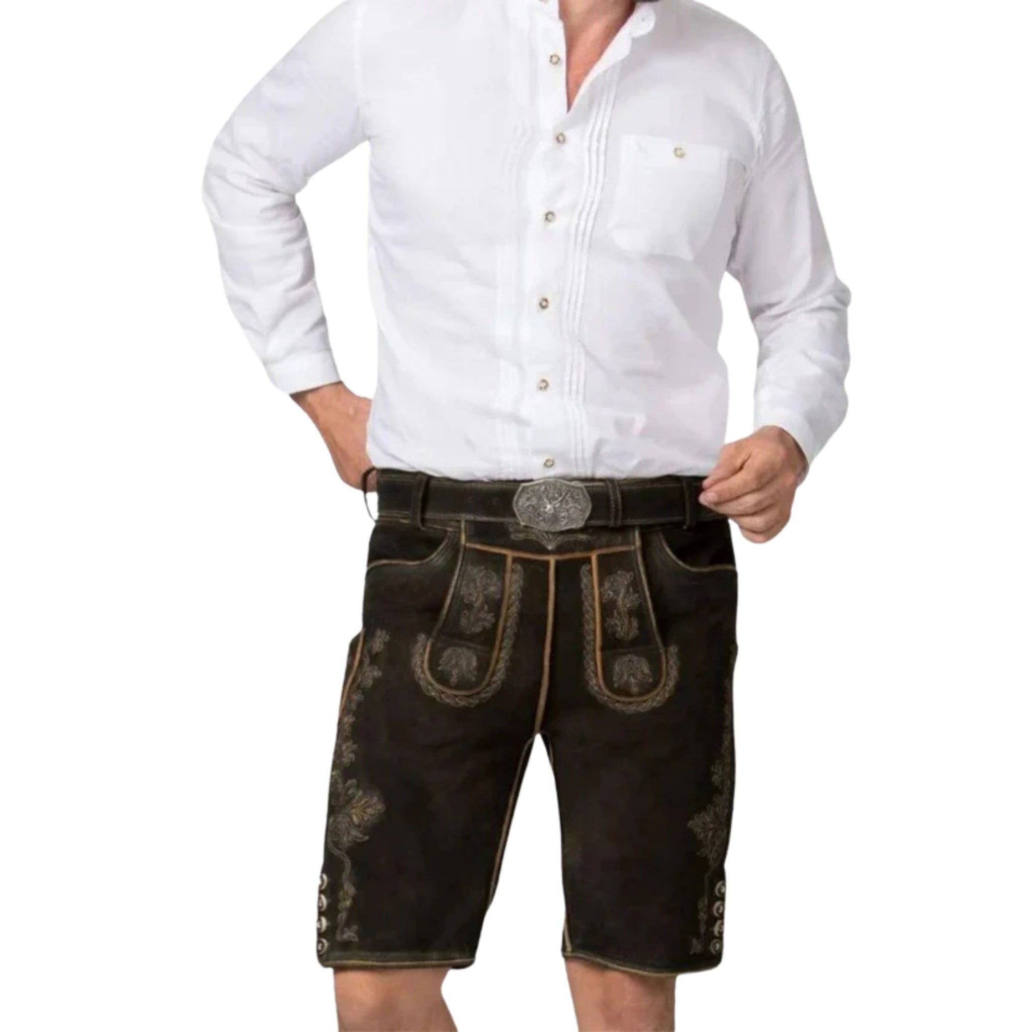 Men's Black Leather Lederhosen with Embroidery & Belt