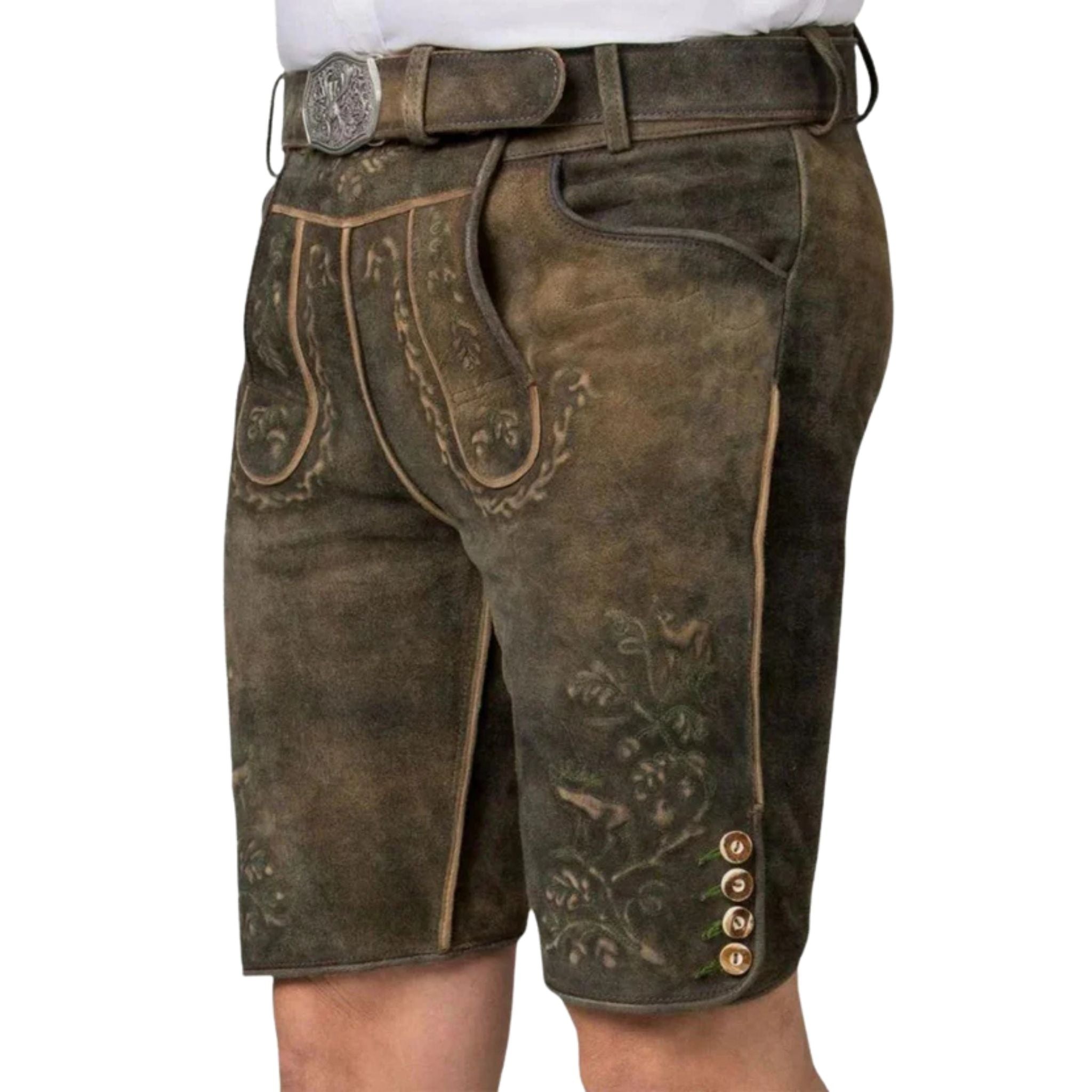 Men's Green Leather Lederhosen with Belt & Buckle