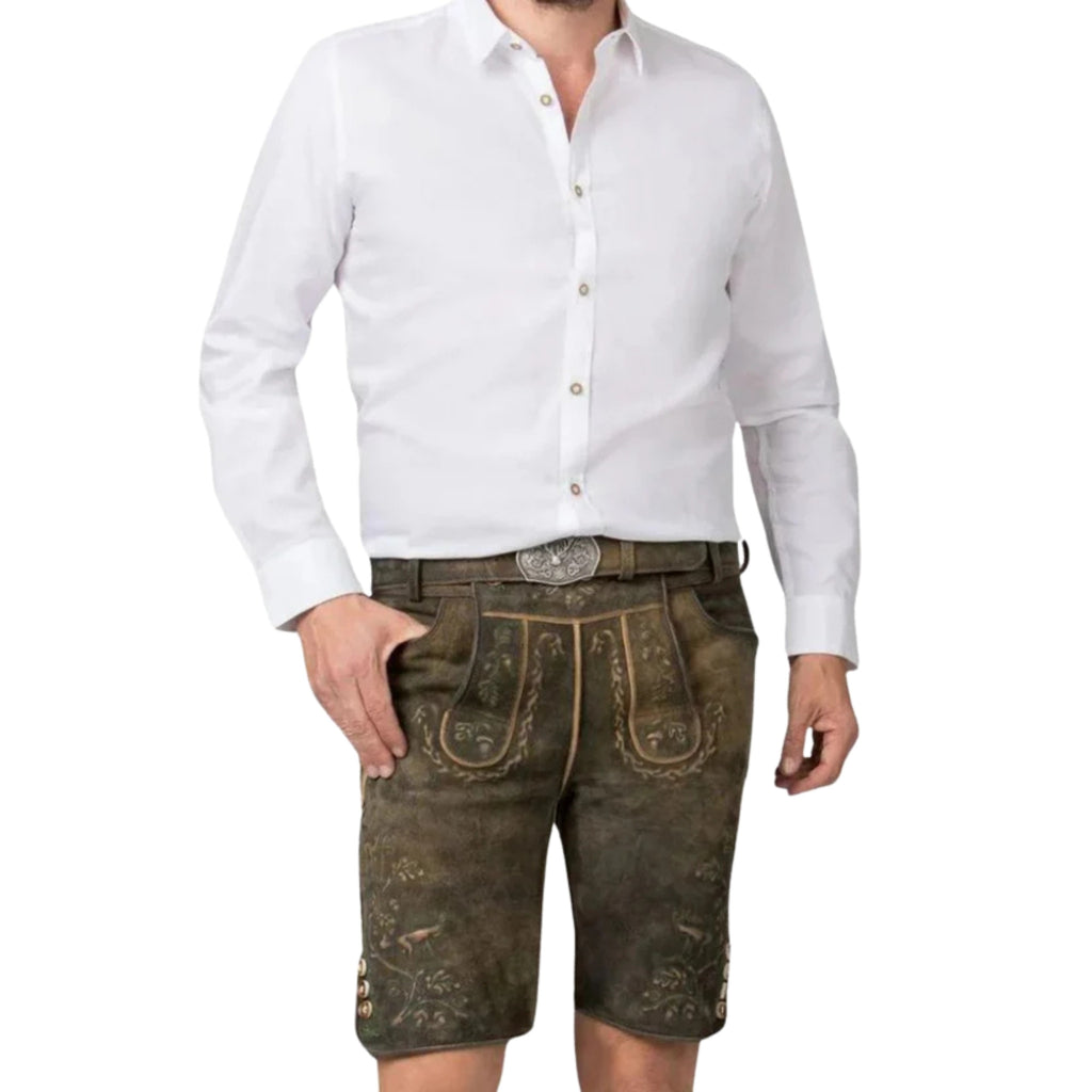 Men's Green Leather Lederhosen with Belt & Buckle