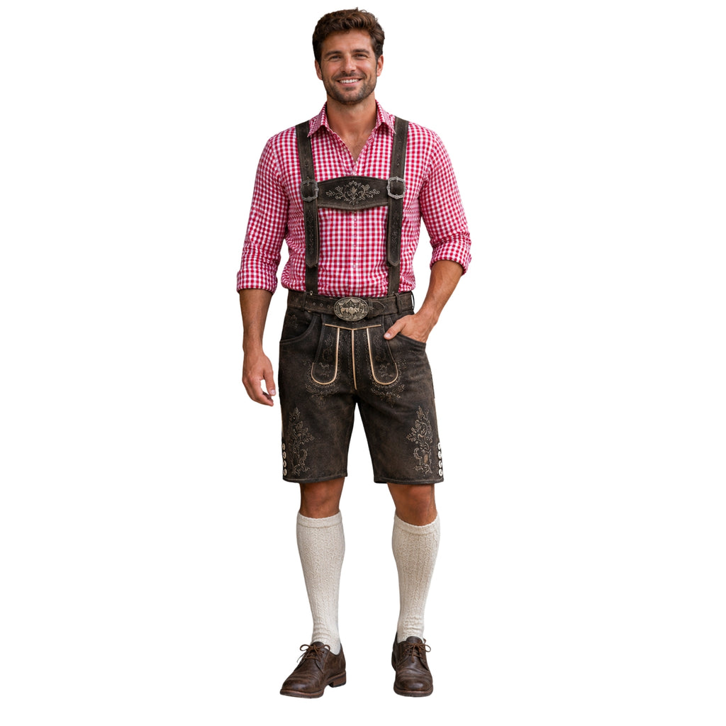 Men's Embroidered Lederhosen w/ Lace-Tie Front, Belt