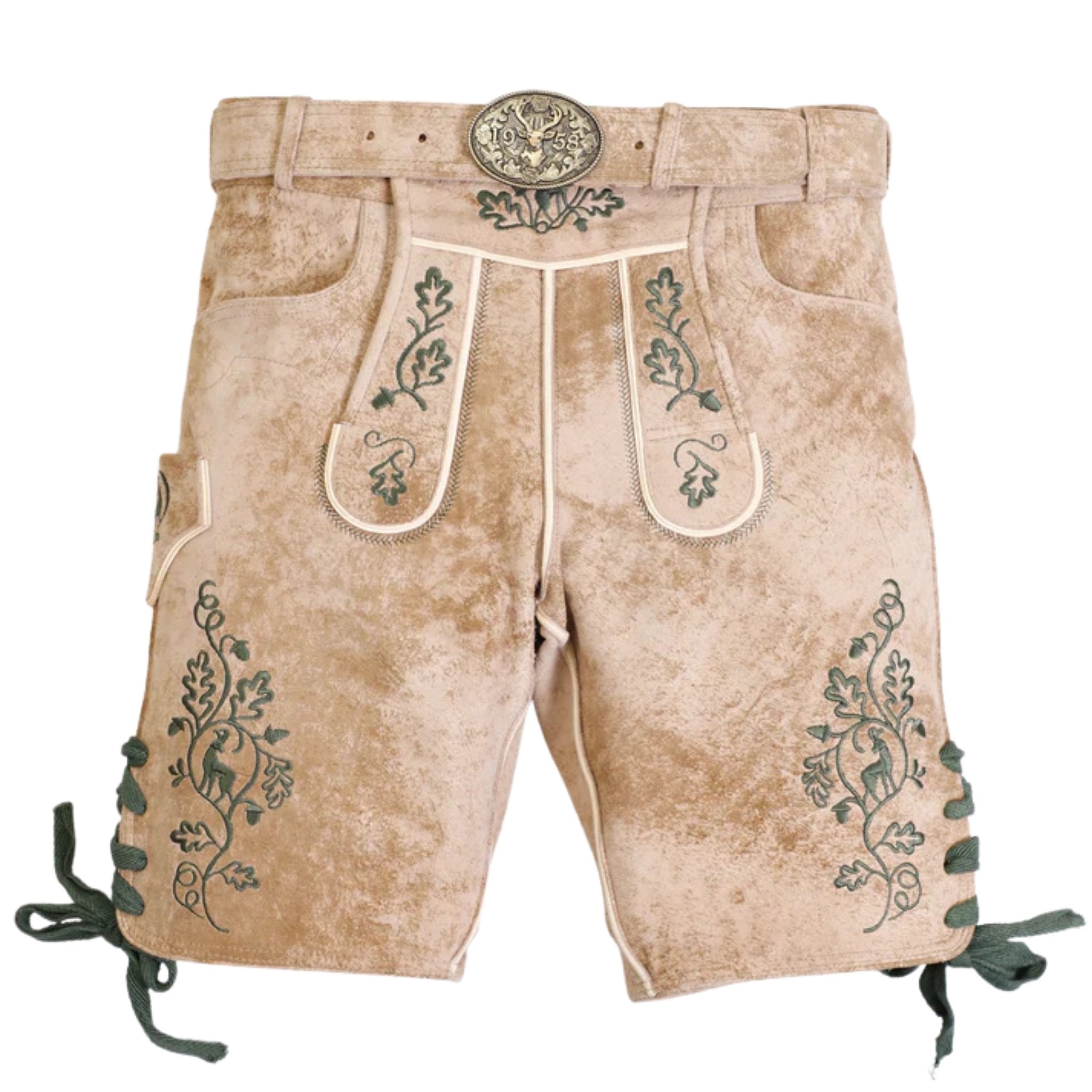 Men's Tan Oak Leaf Embroidered Lederhosen w/ Belt