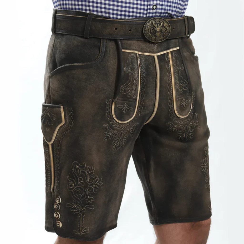 Men's Embroidered Lederhosen w/ Lace-Tie Front, Belt