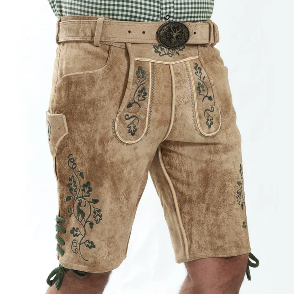 Men's Tan Oak Leaf Embroidered Lederhosen w/ Belt
