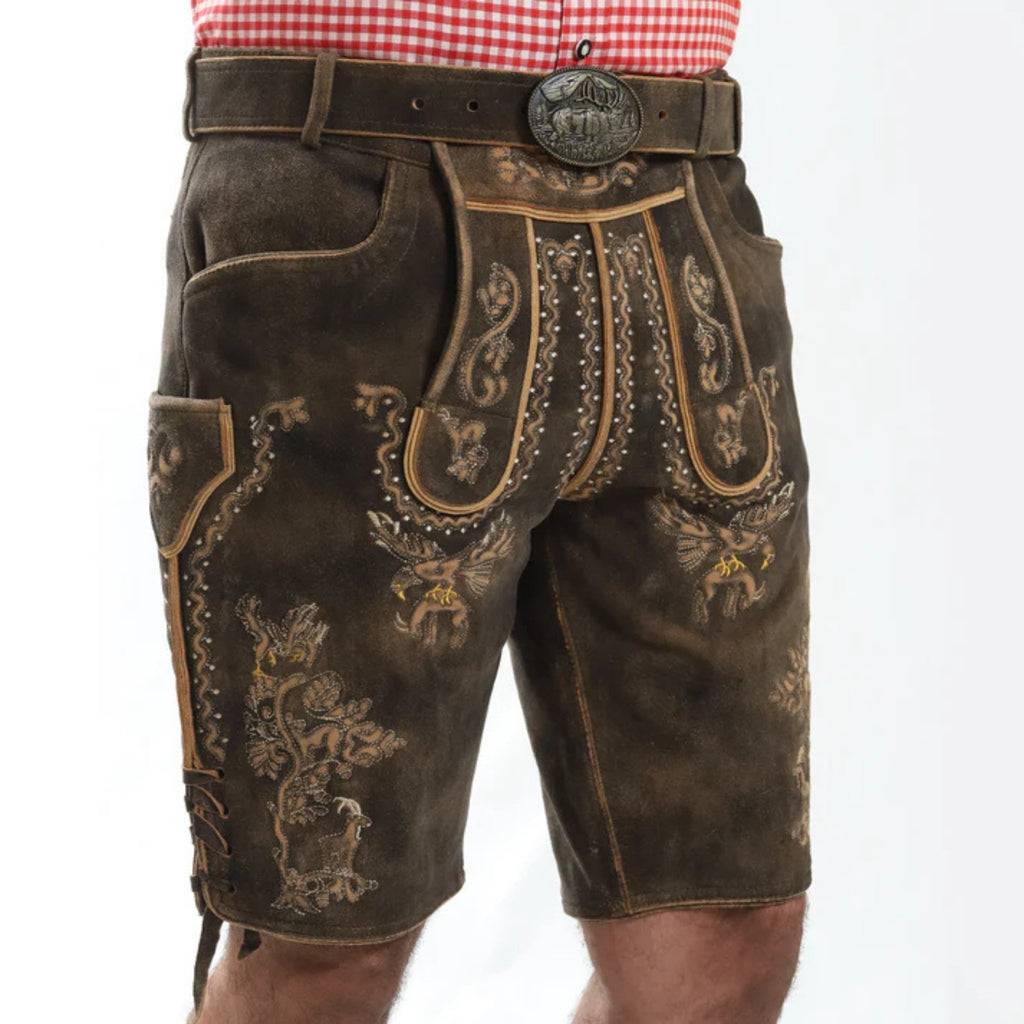 Men's Embroidered Leather Lederhosen Shorts w/ Straps