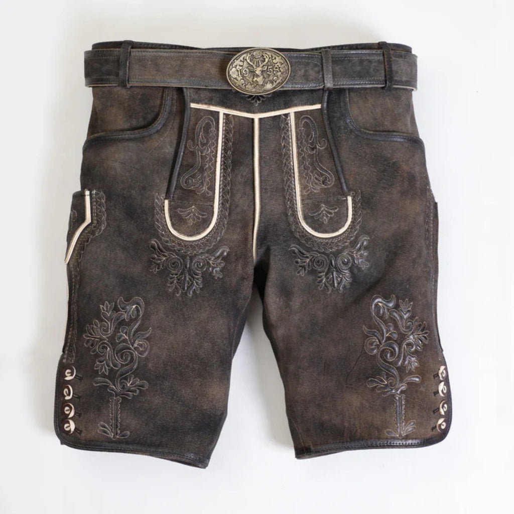 Men's Embroidered Lederhosen w/ Lace-Tie Front, Belt