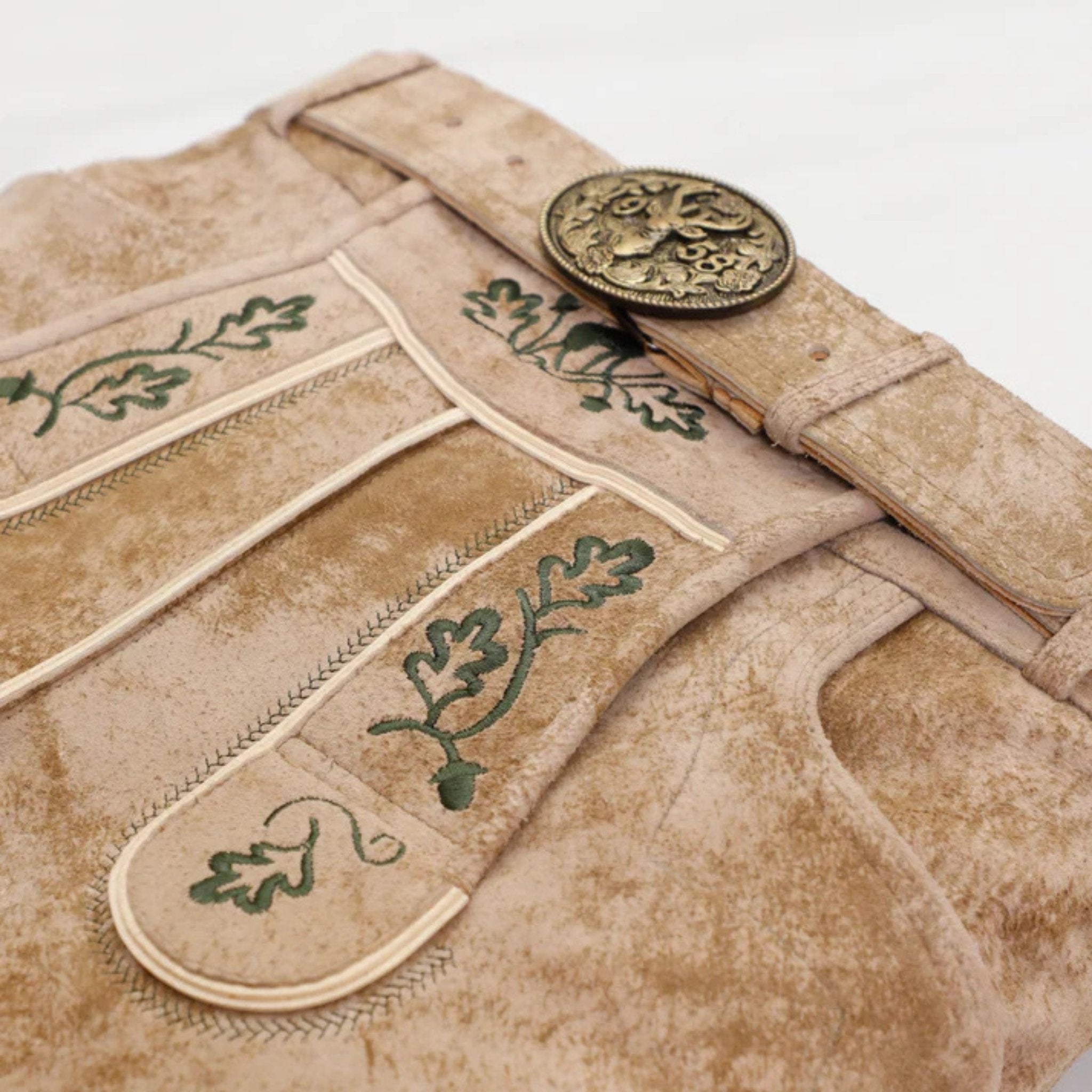 Men's Tan Oak Leaf Embroidered Lederhosen w/ Belt