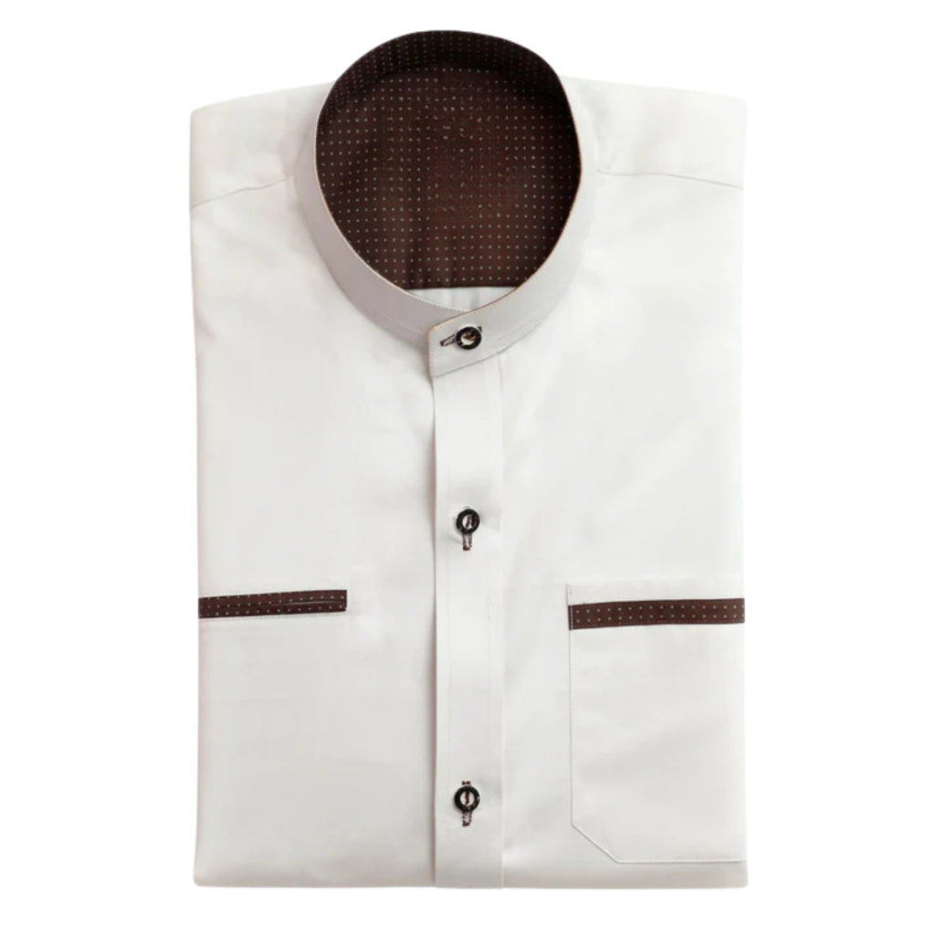 Men's White Band Collar Trachten Shirt, Dot Trim