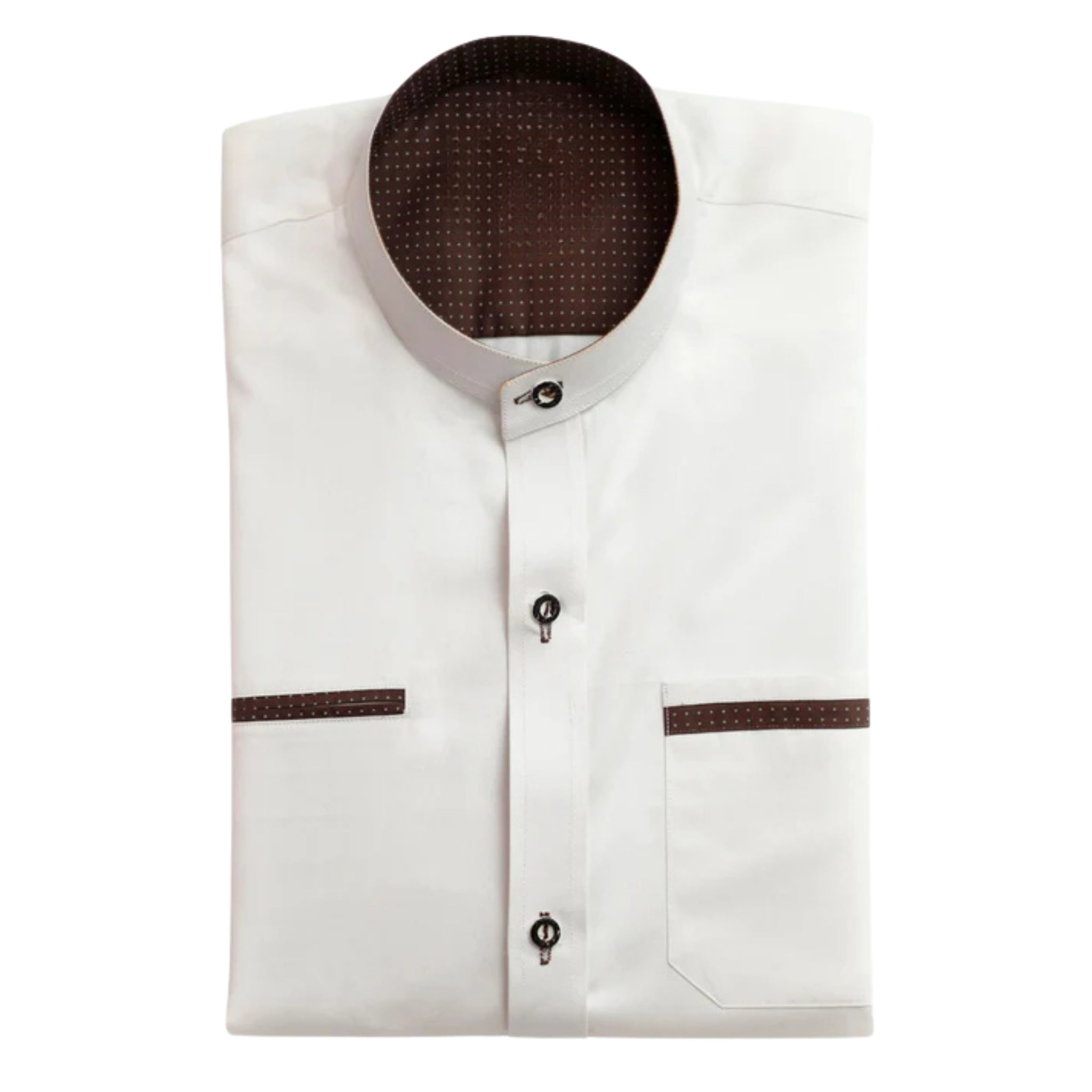 Men's White Band Collar Trachten Shirt, Dot Trim