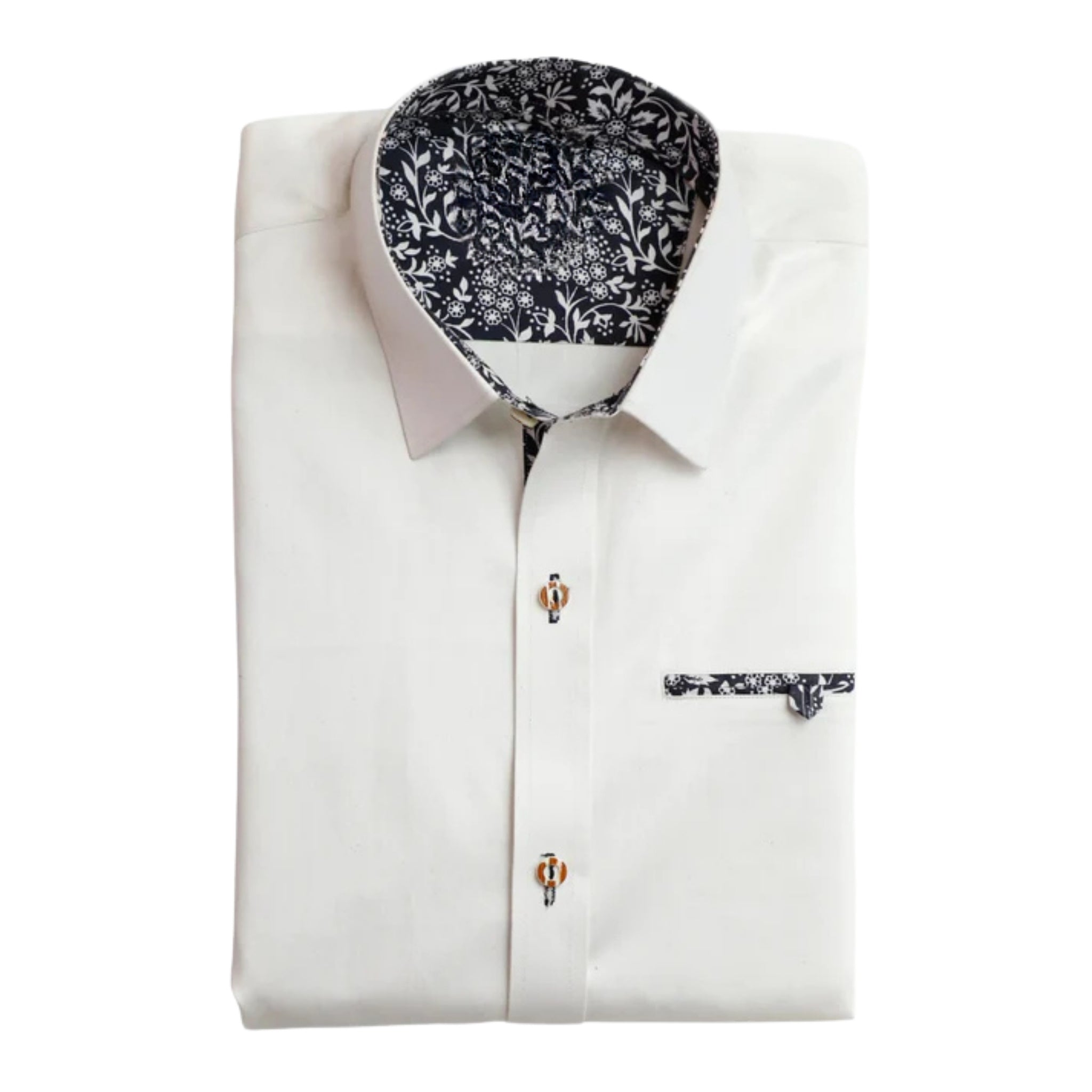 Men's White Trachten Shirt with Navy Floral Trim