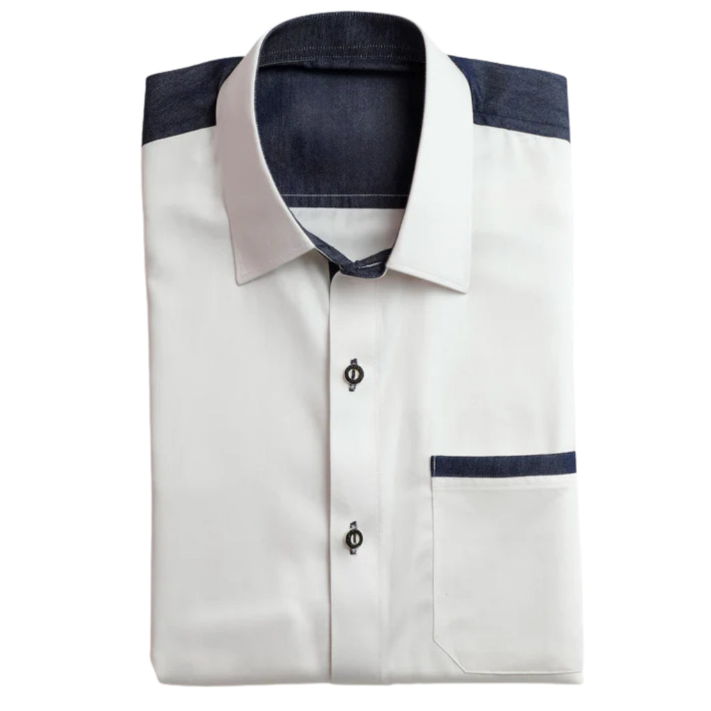 Men's White Trachten Shirt with Denim Color-Block Trim